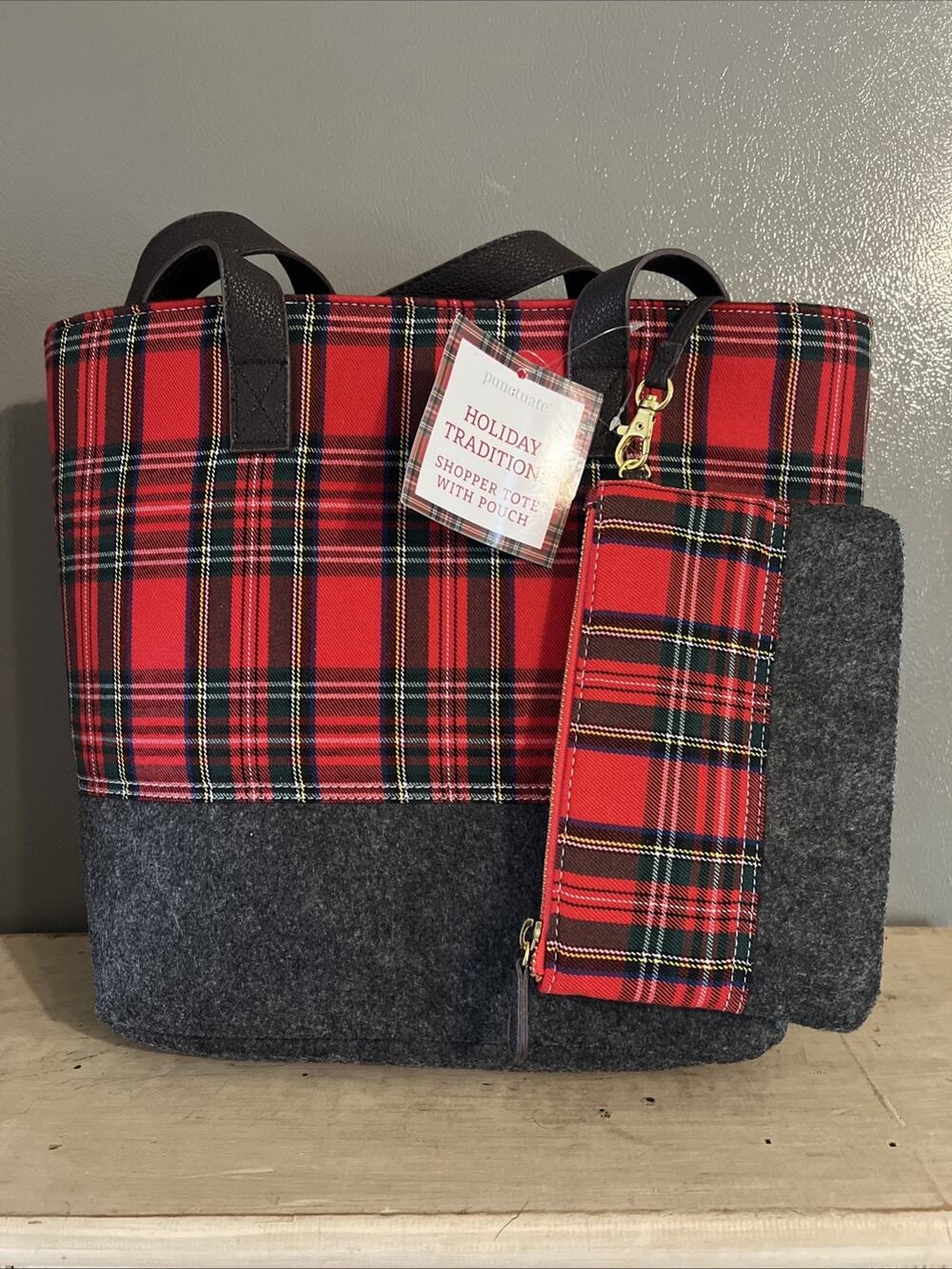 Punctuate Red Plaid Tote Book Bag w/Matching Pouch/Clutch Purse Barnes & Noble